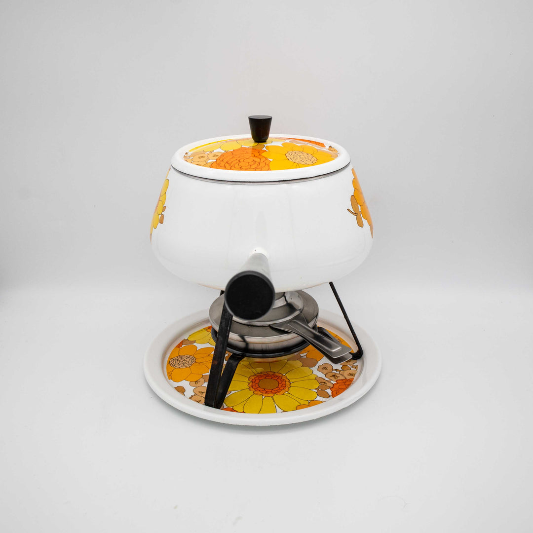 Fondue Set Emaille mit gelben und orangen Blumen, Rückseite