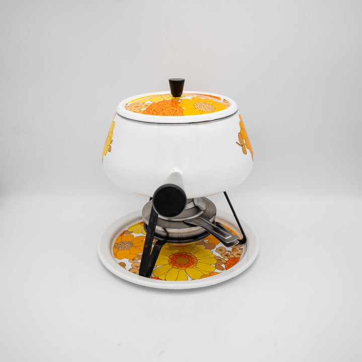 Fondue Set Emaille mit gelben und orangen Blumen, Rückseite