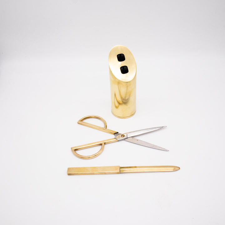 Vintage Messing Schreibtisch Set mit Schere und Brieföffner, arrangiert