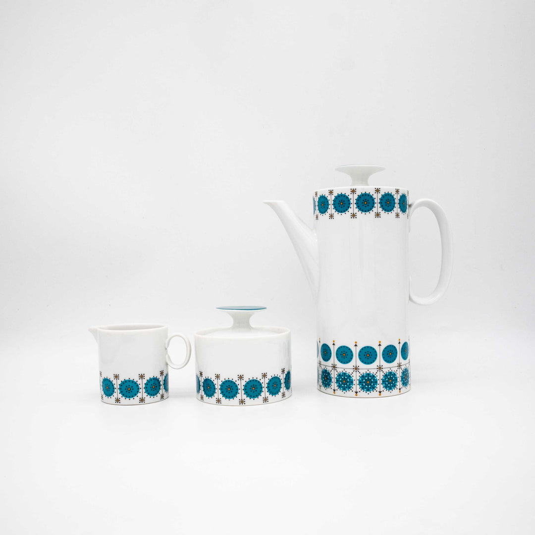 Vintage Porzellan Kaffeeservice Medaillon Smaragd von Thomas, Kanne, Zuckerdose und Milchkännchen, Seitenansicht links
