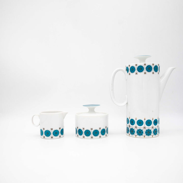 Vintage Porzellan Kaffeeservice Medaillon Smaragd von Thomas, Kanne, Zuckerdose und Milchkännchen, Seitenansicht rechts