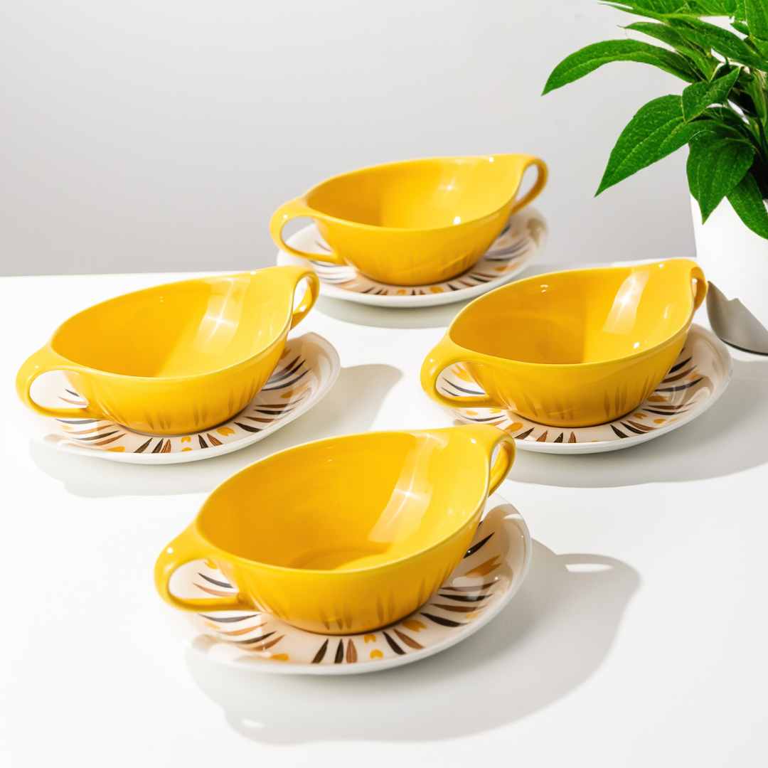 Sonnengelbe Suppenschalen mit Untertasse 4er Set mit Pflanze