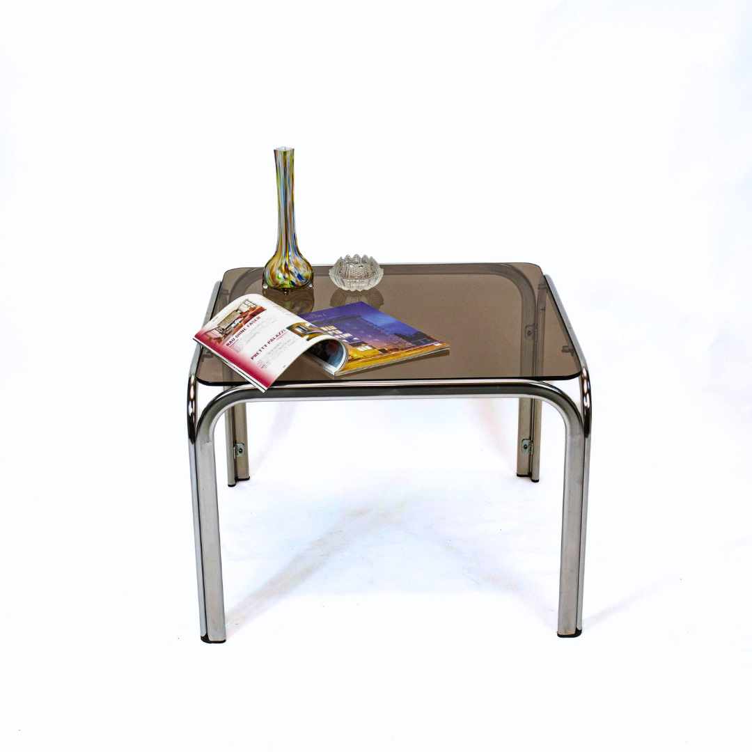 Chrome-plated Space Age coffee table with smoked glass top 