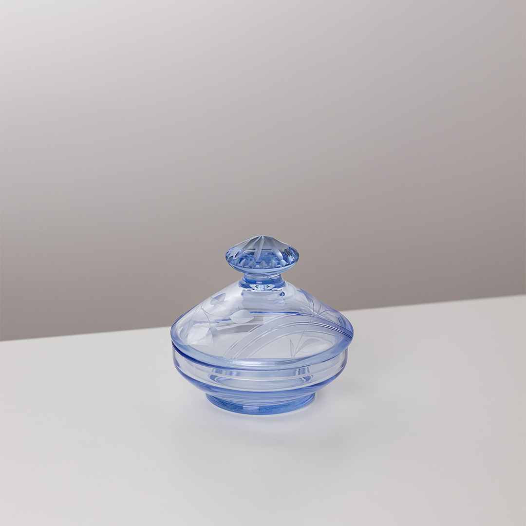 Vintage Art Déco Deckeldose aus hellblauem Glas – Tandlas
