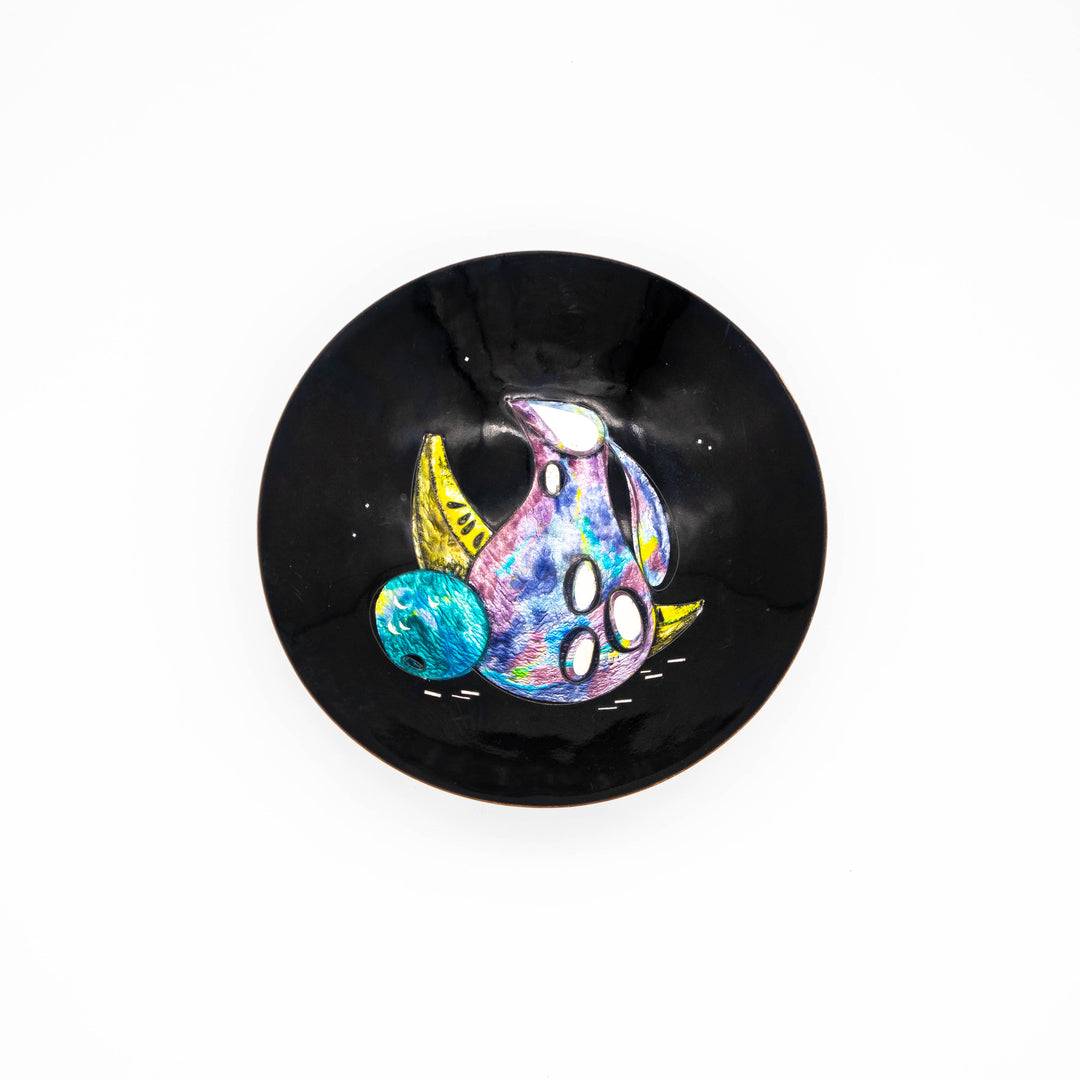 Emaille Schale mit Stillleben, Vogelseite