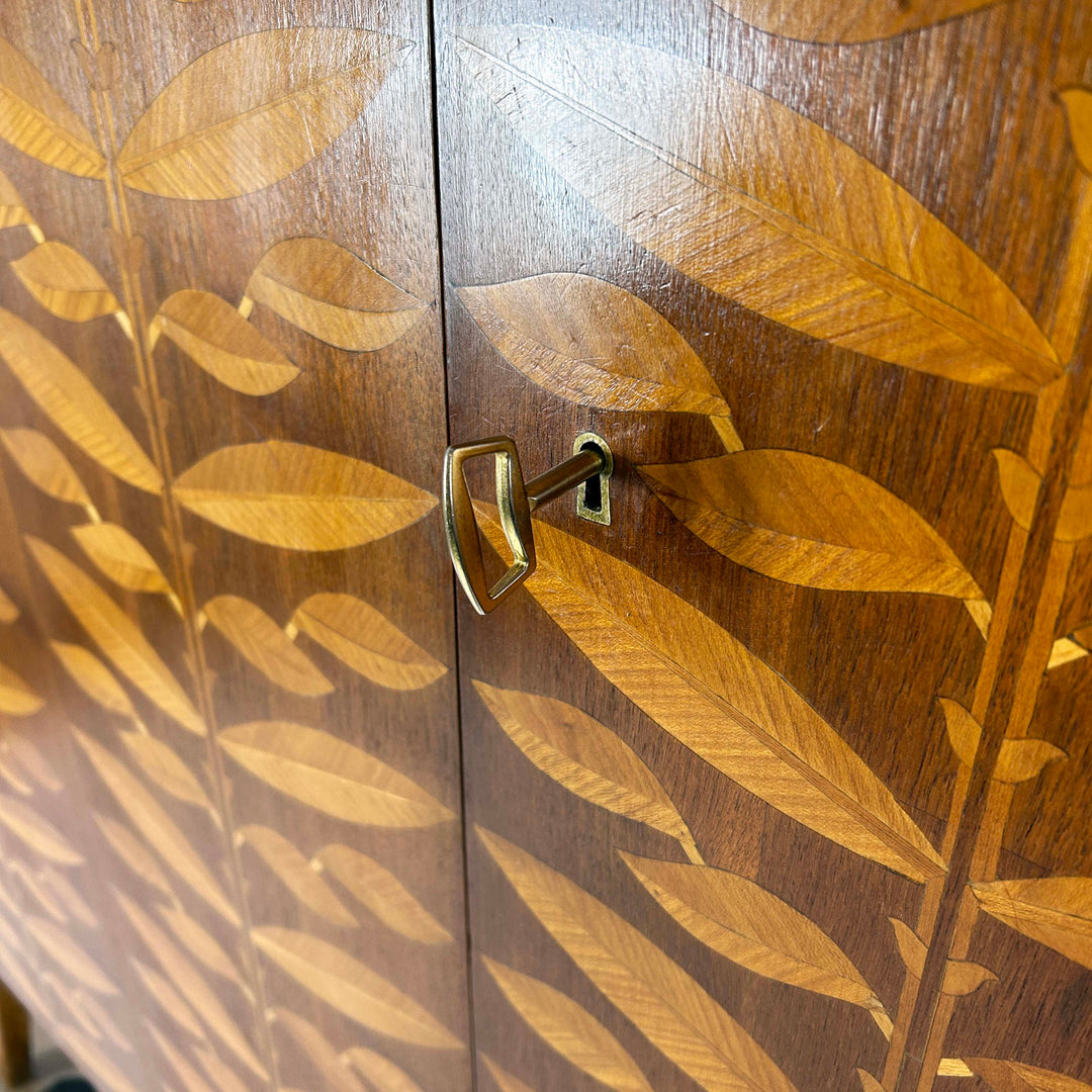 Mid-Century walnut highboard with leaf marquetry