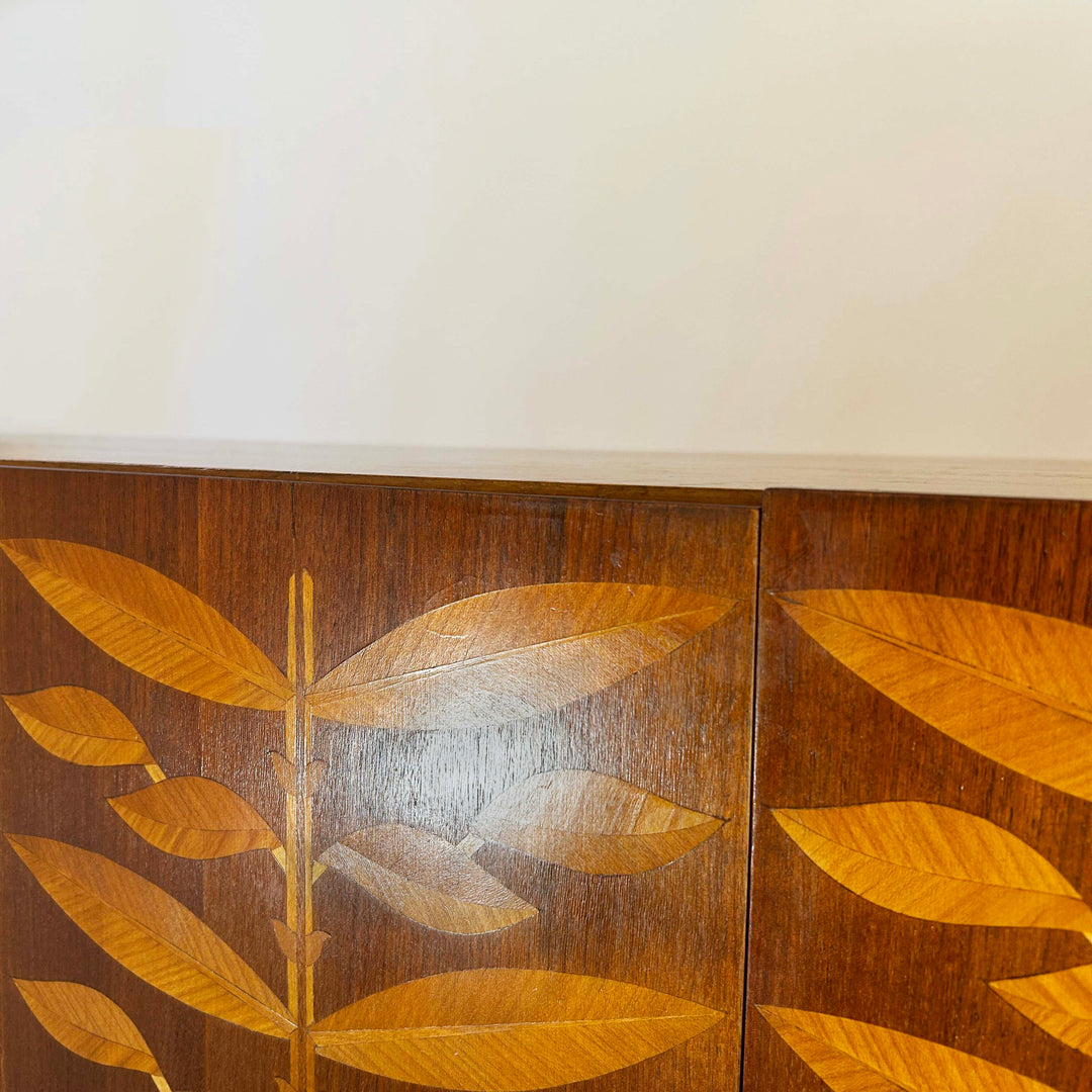 Mid-Century walnut highboard with leaf marquetry