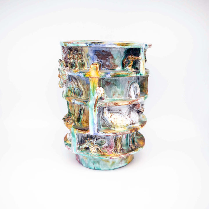 Monumentale Kunstkeramikvase mit umlaufendem Vogelrelief, Seitenansicht rechts