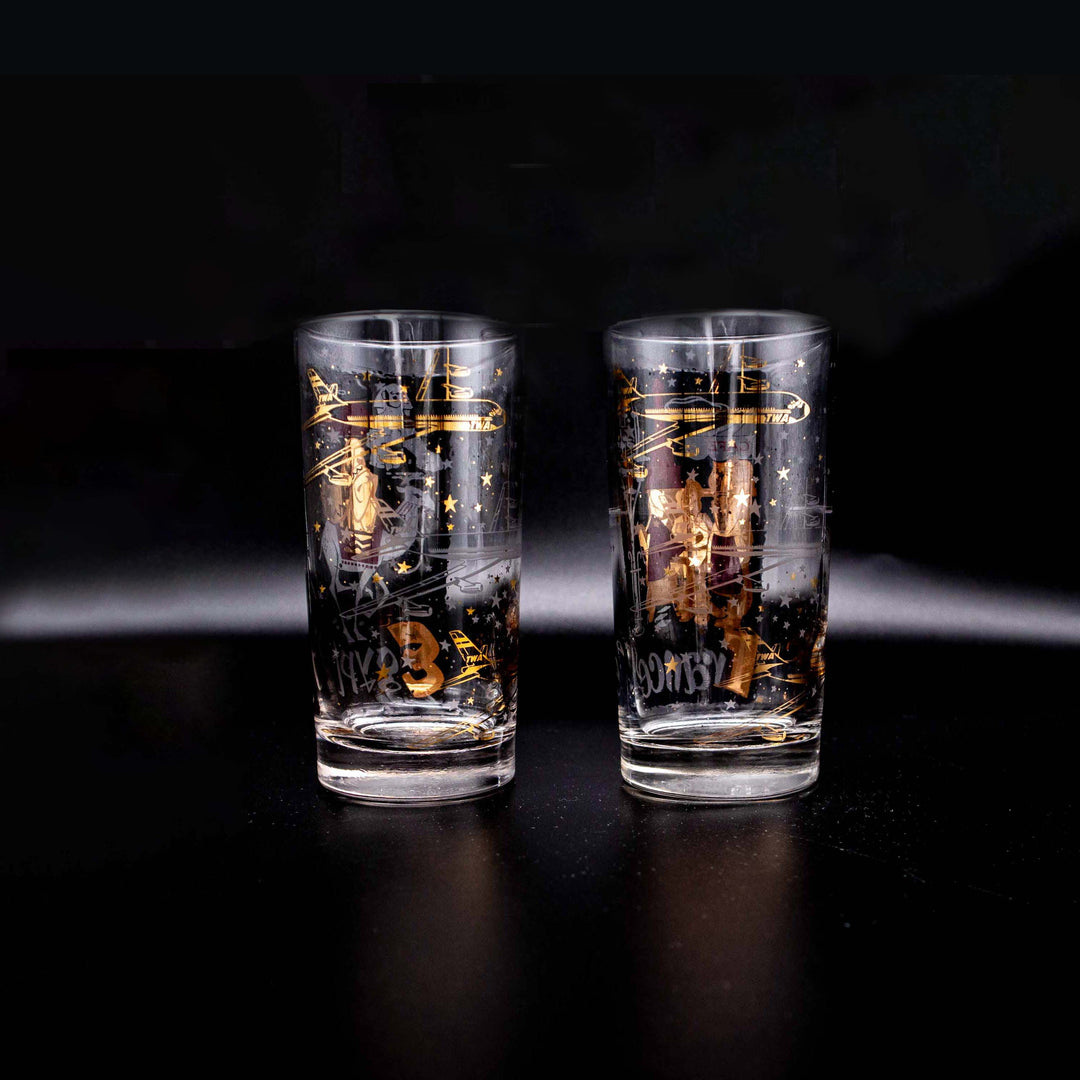 Paar Mid-Century Travel Longdrinkgläser mit TWA-Motiv; Rückseite