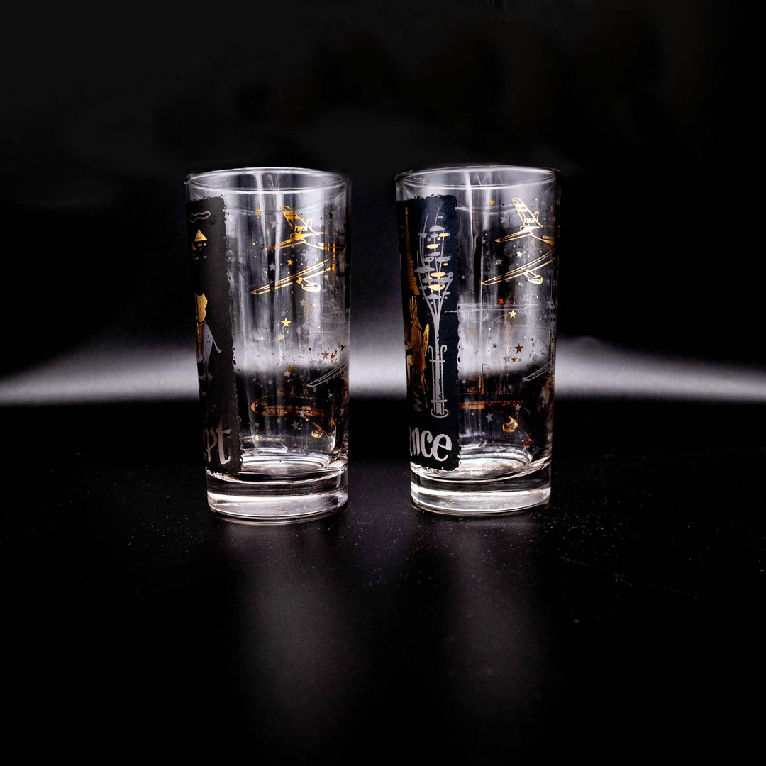 Paar Mid-Century Travel Longdrinkgläser mit TWA-Motiv; Seitenansicht links