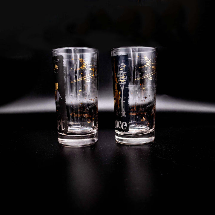 Paar Mid-Century Travel Longdrinkgläser mit TWA-Motiv; Seitenansicht links