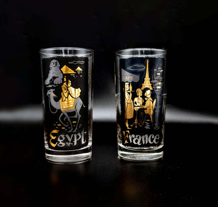 Paar Mid-Century Travel Longdrinkgläser mit TWA-Motiv; Vorderseite