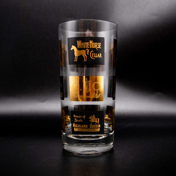 Set aus 6 Longdrinkgläser mit Schwarz-Gold Spirituosen-Dekor, Einzelansicht, Seitenansicht links