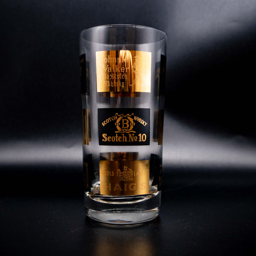 Set aus 6 Longdrinkgläser mit Schwarz-Gold Spirituosen-Dekor, Einzelansicht, Vorderseite