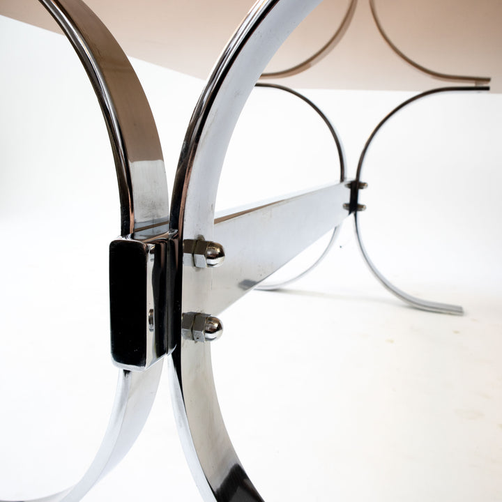 Vintage Space Age Couchtisch mit Chromgestell und Rauchglasplatte, Detailansicht Chromgestell 2