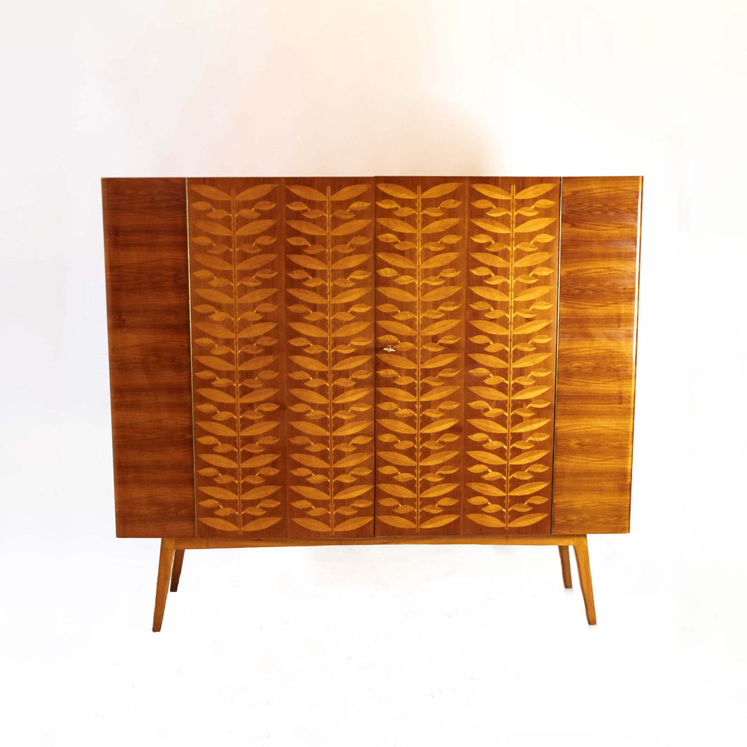 Mid-Century walnut highboard with leaf marquetry