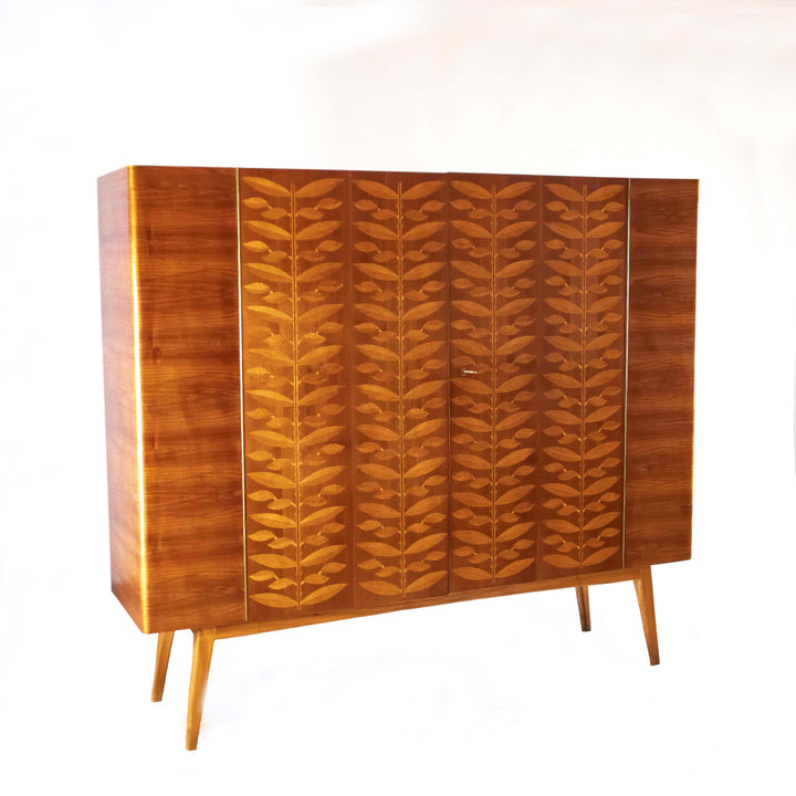 Mid-Century walnut highboard with leaf marquetry