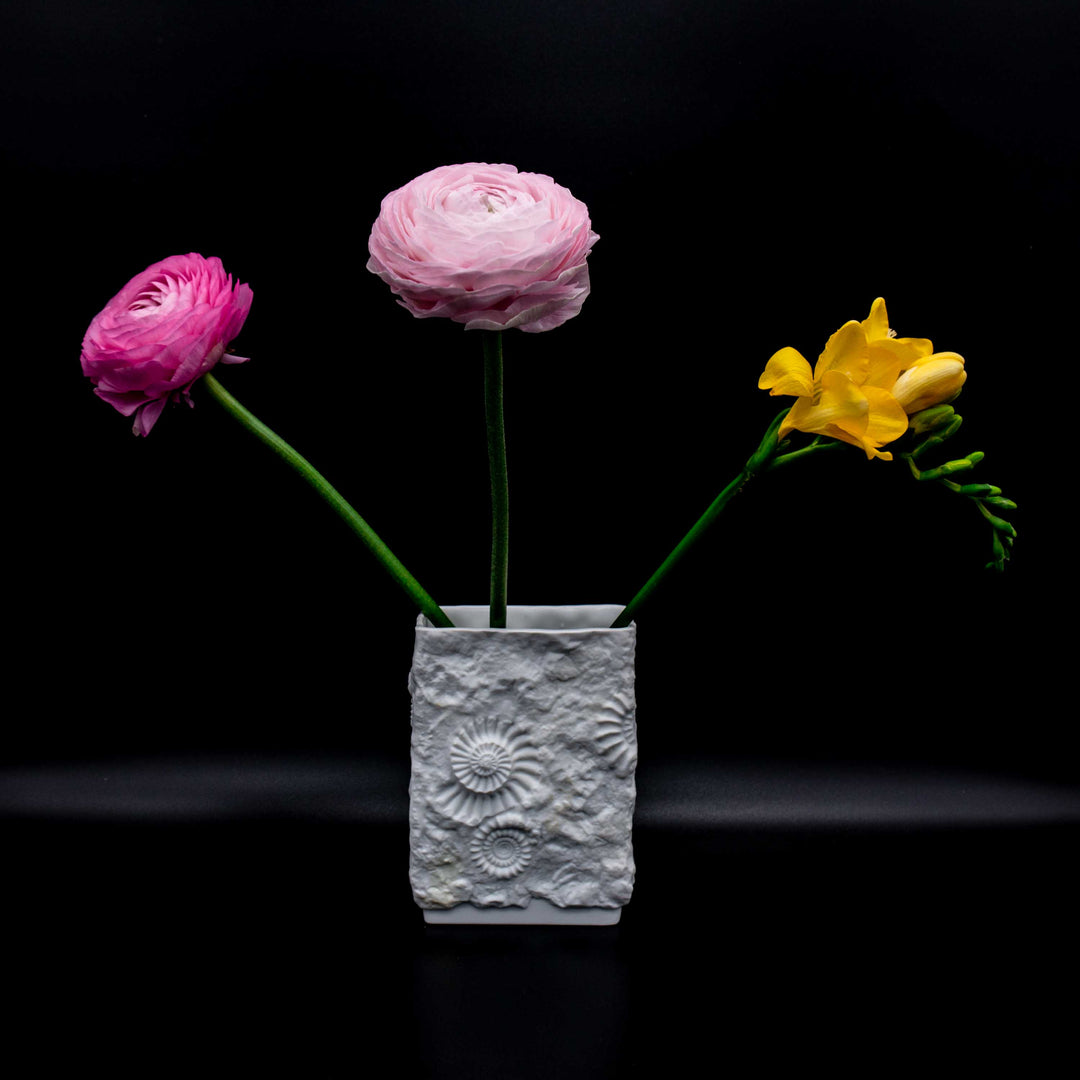 Ammoniten Vase mit Blumen